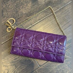 CHRISTIAN DIOR Purple Cannage Patent Leather Lady Dior Wallet on Chain